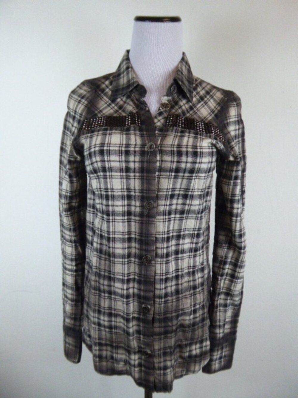NEW JADED BY KNIGHT black plaid studded button up tunic SHIRT XS  cross jbk y2k